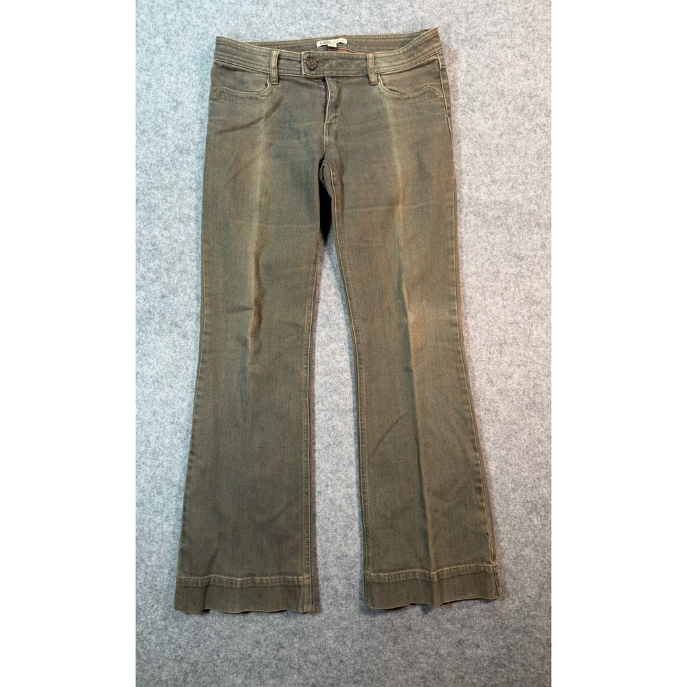 Cabi Jeans Womens 4 Olive Green Brown Flare Leg Low Rise Flap Pocket Denim